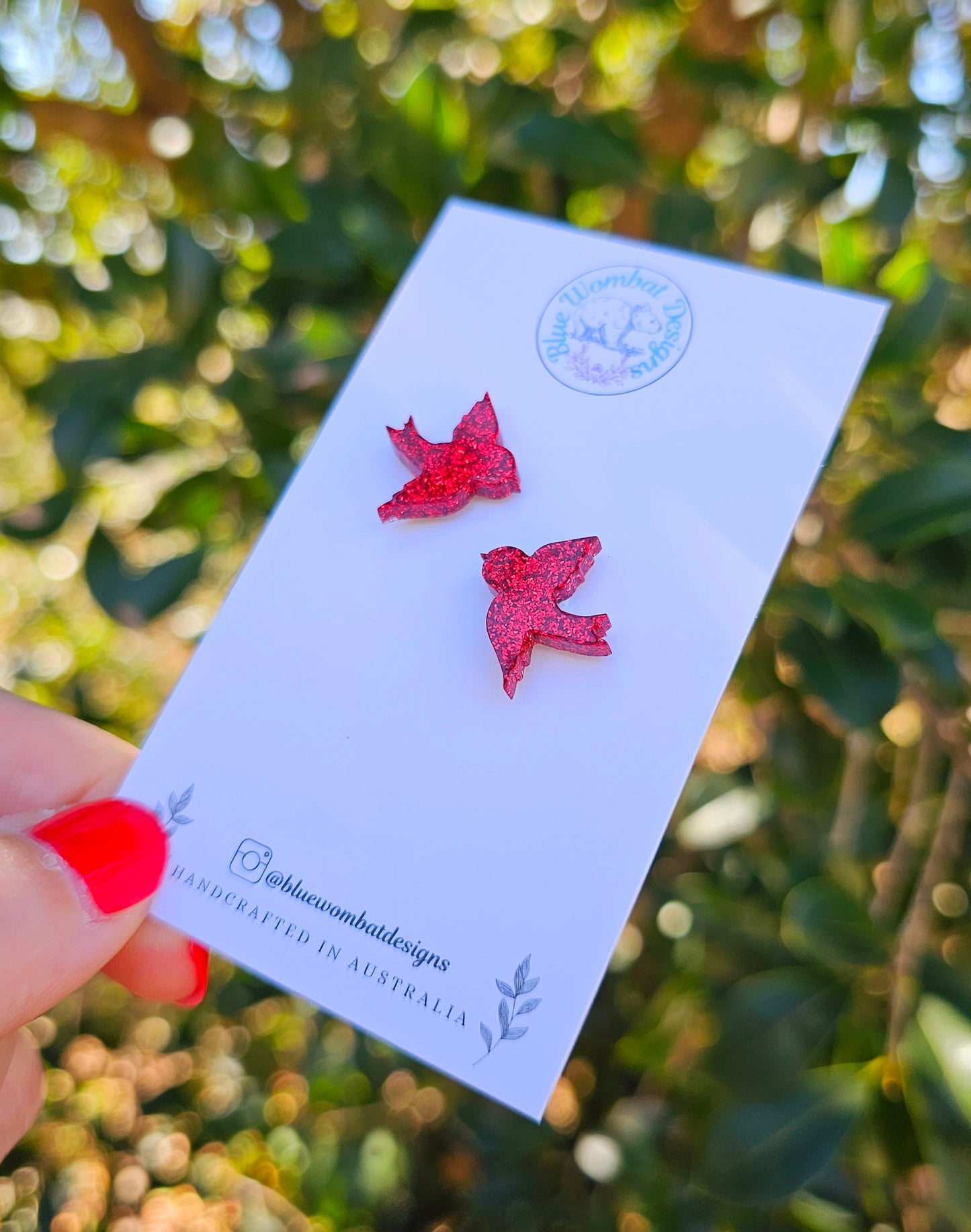 Red Glitter Bird Resin Stud Earrings