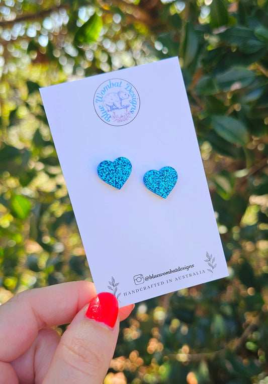 Blue Glitter Love Heart Resin Small Stud Earrings