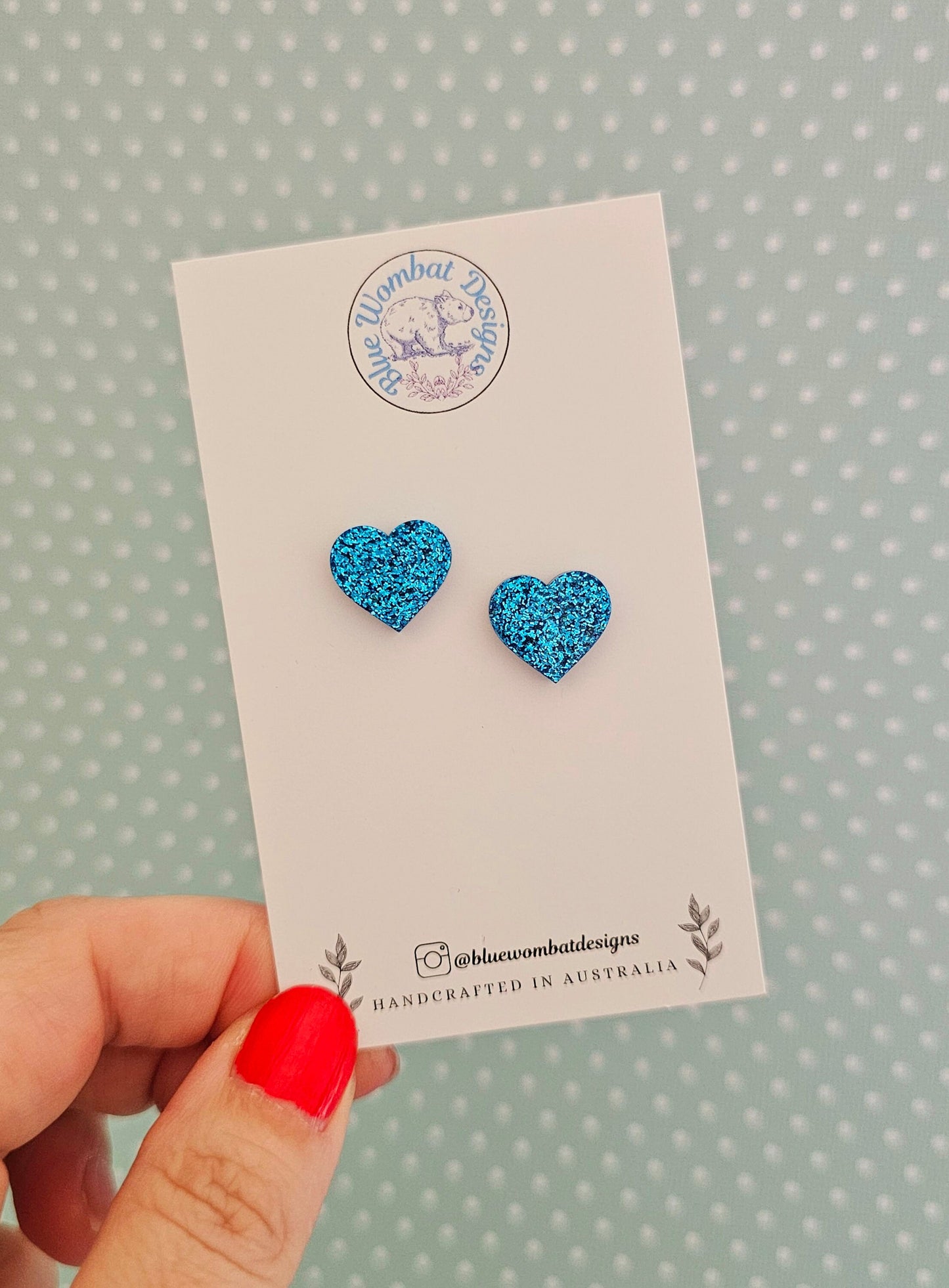 Blue Glitter Love Heart Resin Small Stud Earrings