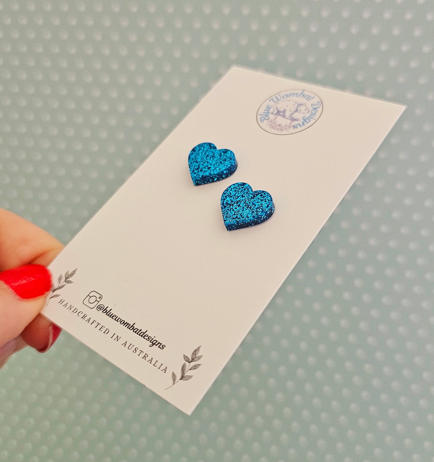 Blue Glitter Love Heart Resin Small Stud Earrings