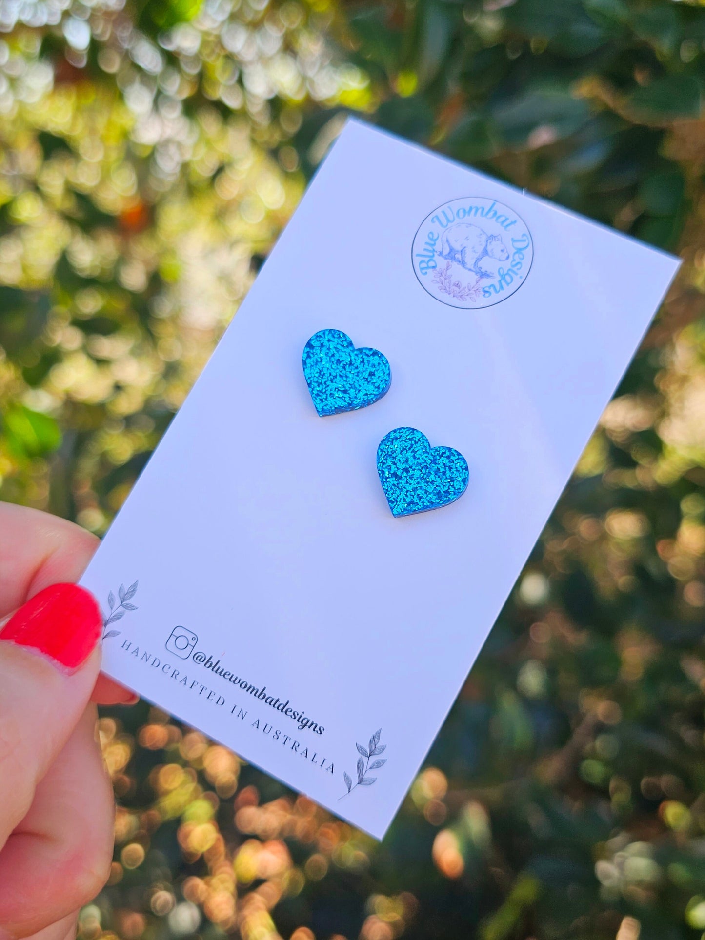 Blue Glitter Love Heart Resin Small Stud Earrings