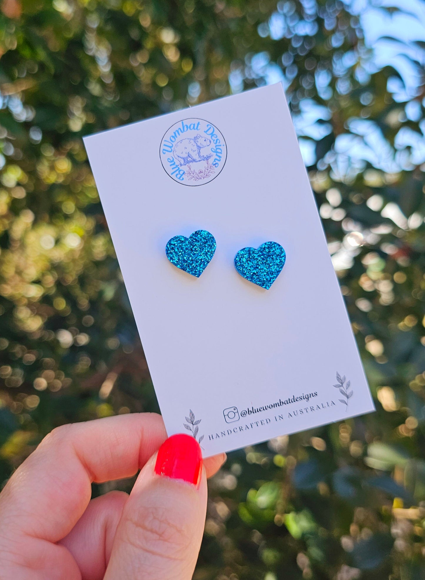 Blue Glitter Love Heart Resin Small Stud Earrings