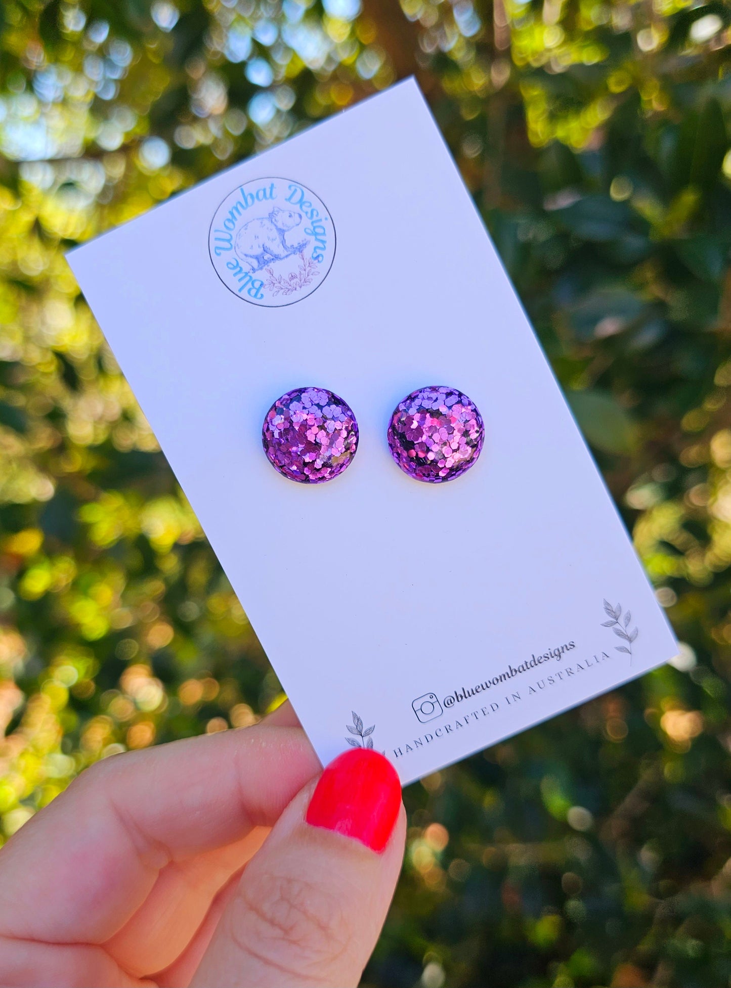 Purple Glitter Resin Domed Studs 14mm