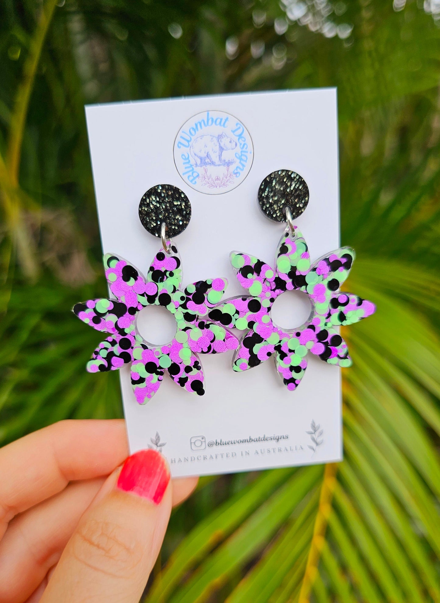 Resin Glitter Flower Dangle Statement Earrings