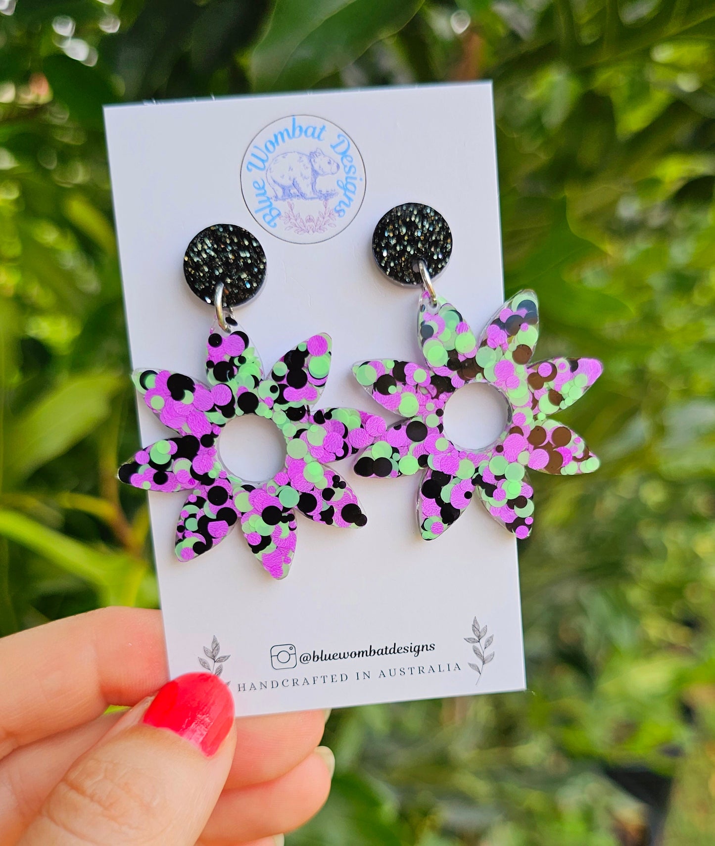 Resin Glitter Flower Dangle Statement Earrings