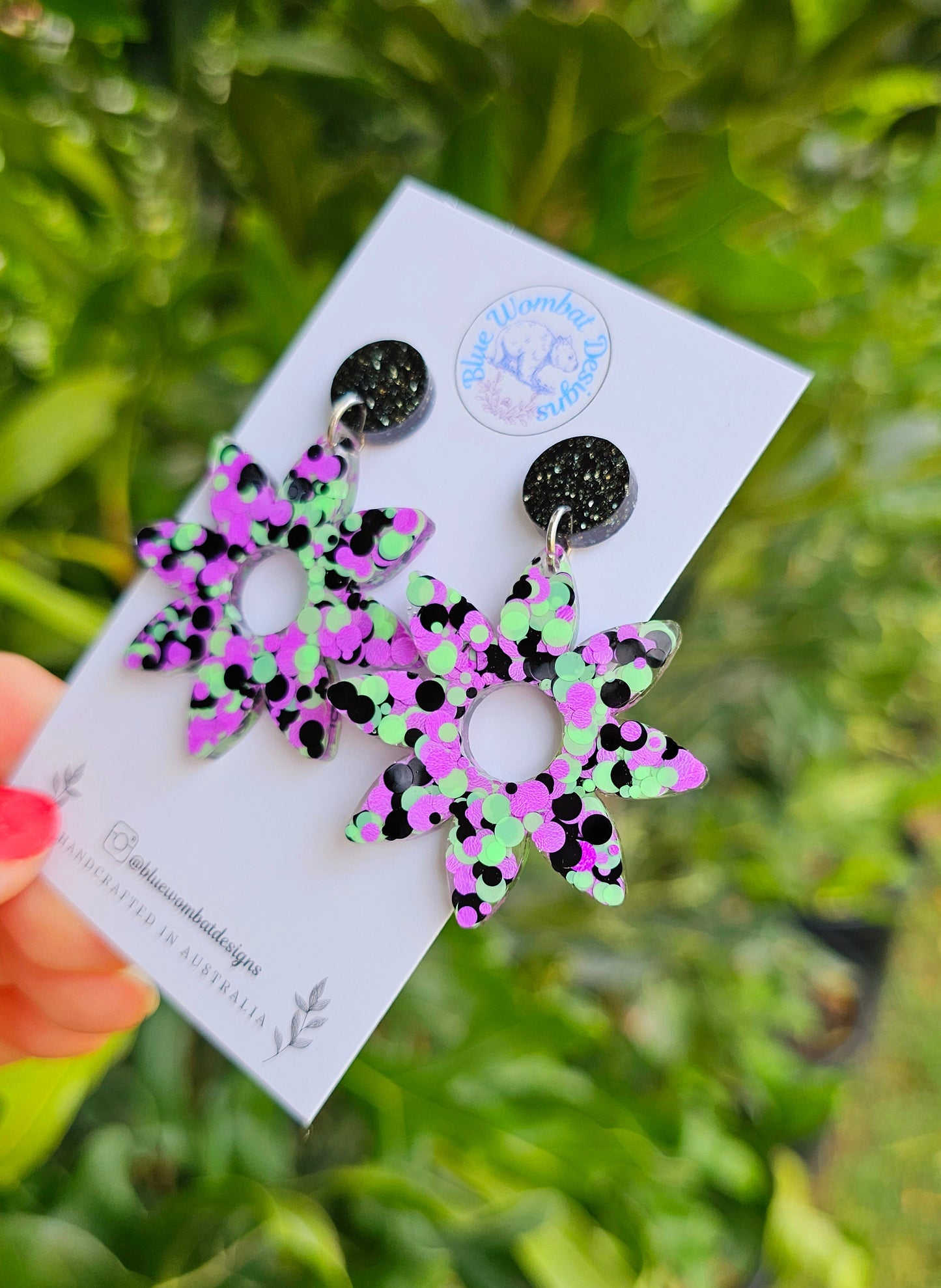 Resin Glitter Flower Dangle Statement Earrings