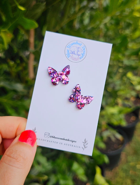 Butterfly Colour Change Glitter Resin Handmade Earring Small Studs