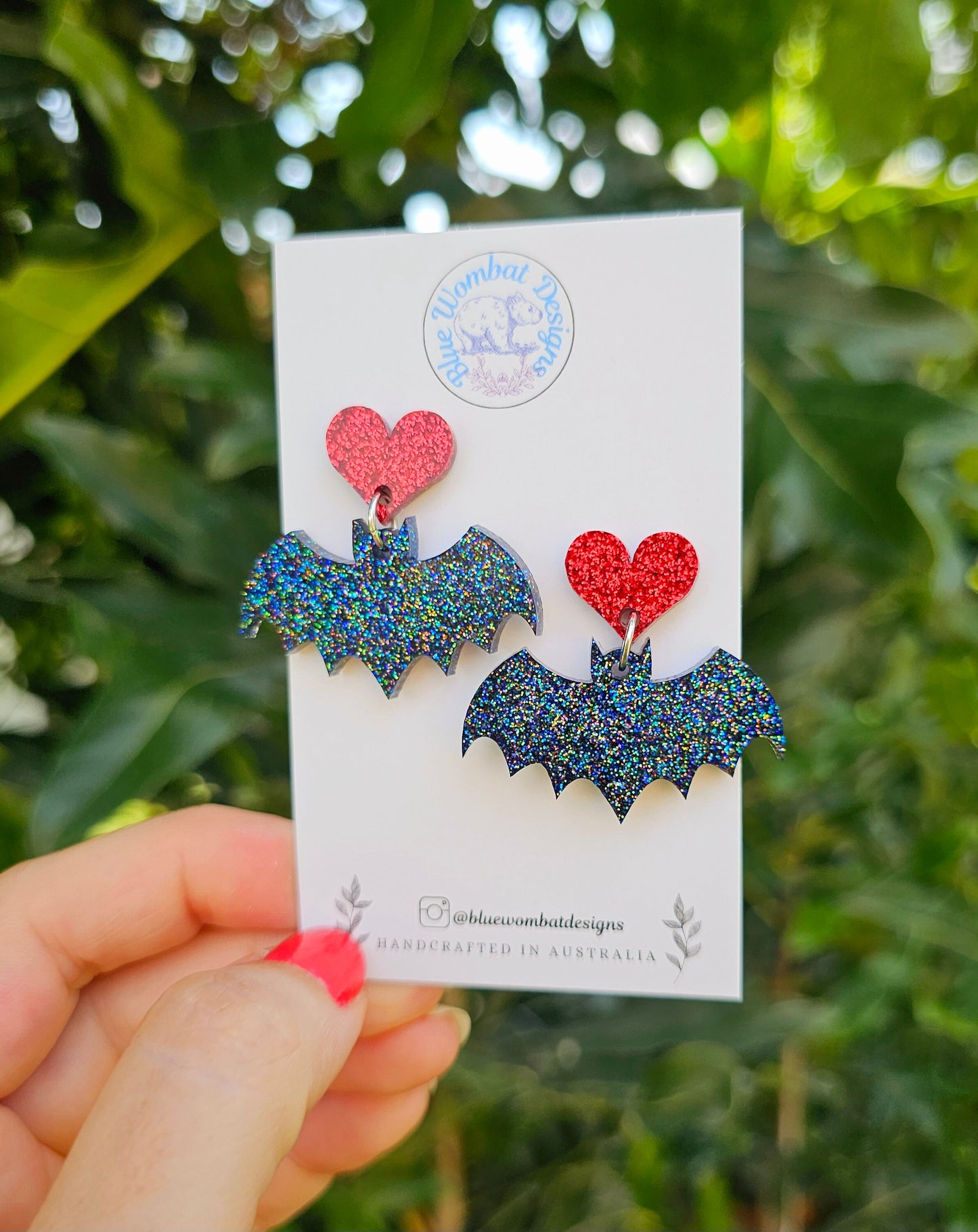 Black Glitter Resin Flying Bat Dangle Earrings