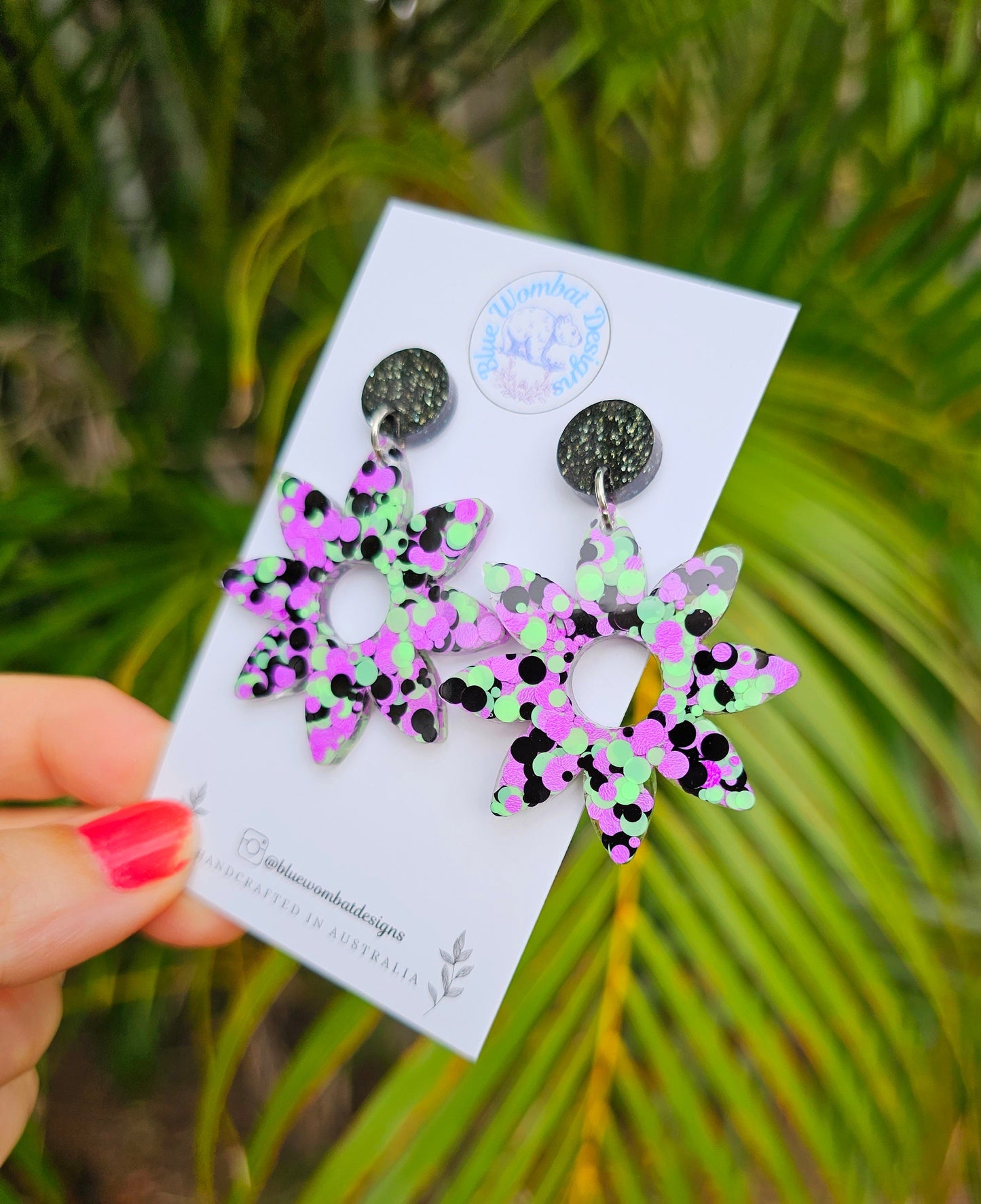 Resin Glitter Flower Dangle Statement Earrings