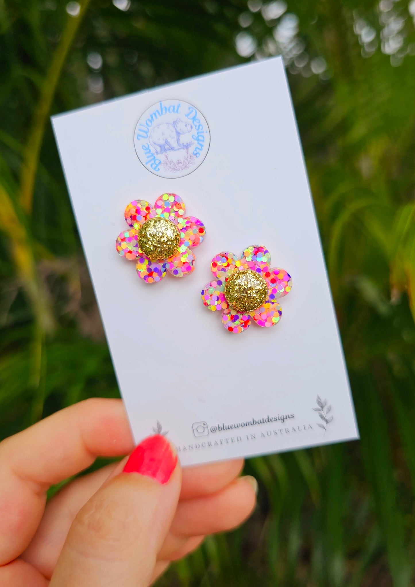 Colourful Glitter Flower Resin Stud Earrings 22mm