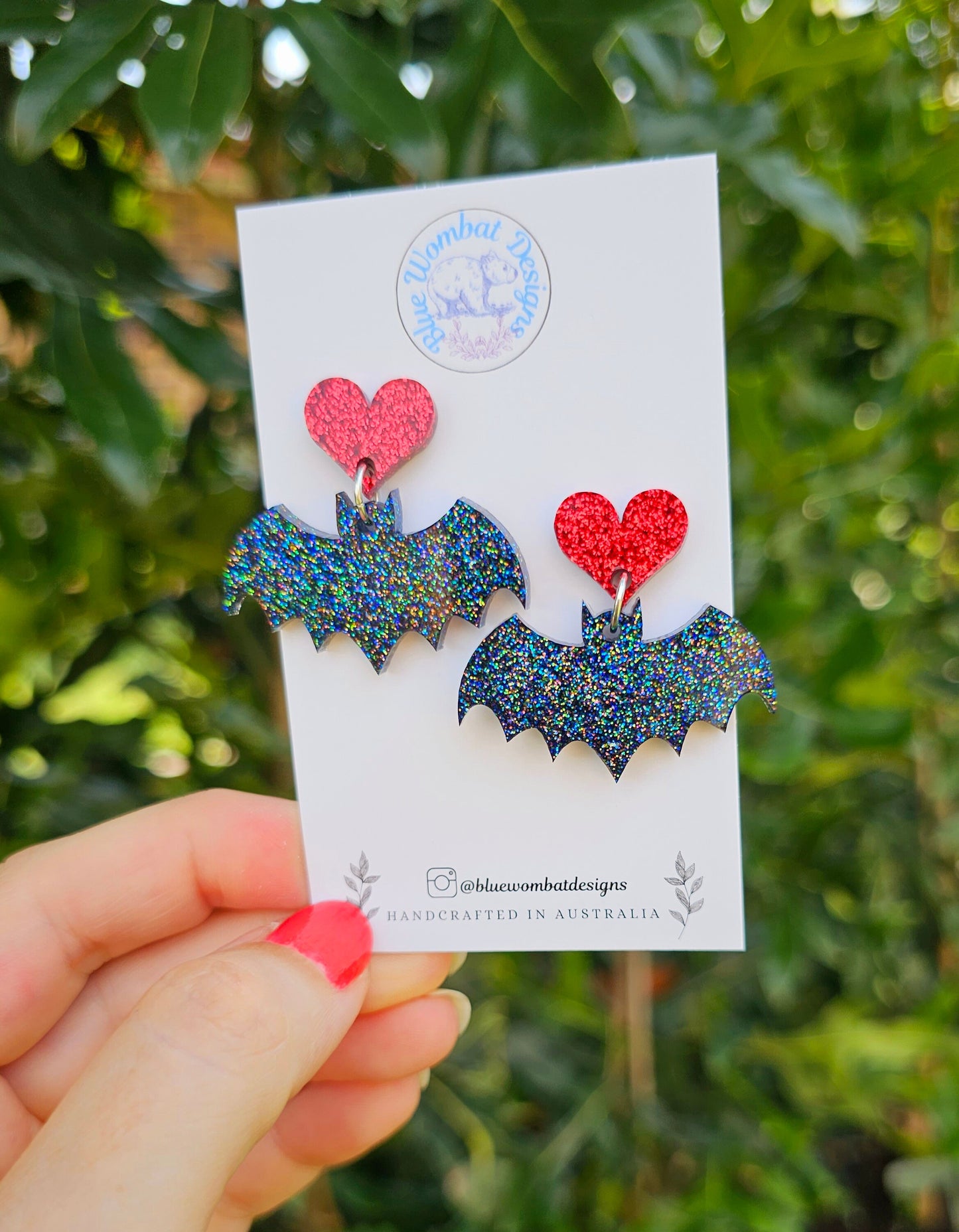 Black Glitter Resin Flying Bat Dangle Earrings