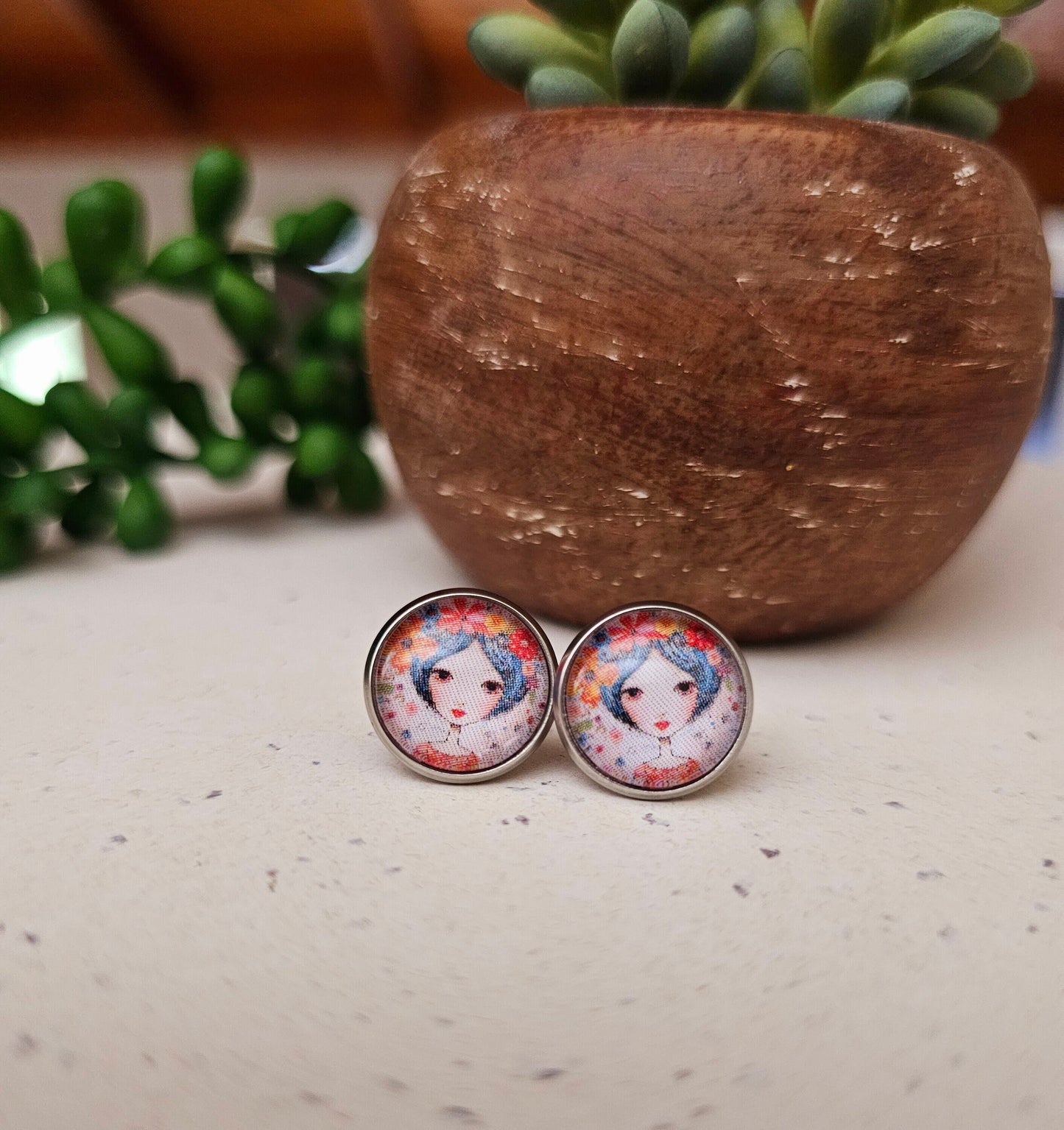 Flower Girl Handmade Glass Cabochon Stainless Steel Small Stud Earrings 12mm