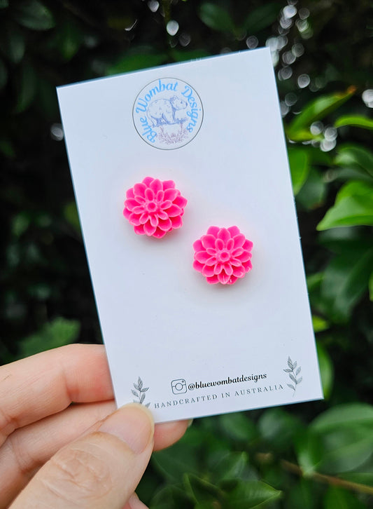 Pink Dahlia Flower Resin Studs 16mm