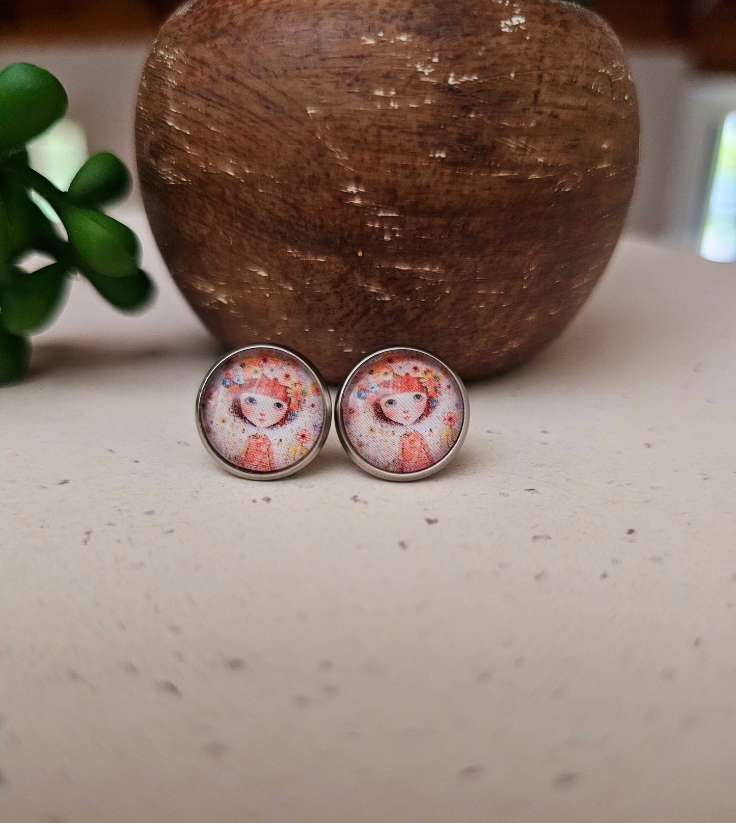 Flowers In Girls Hair Handmade Glass Cabochon Stainless Steel Small Stud Earrings 12mm