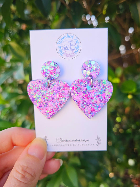 Colourful Love Heart Glitter Resin Dangle Statement Earrings