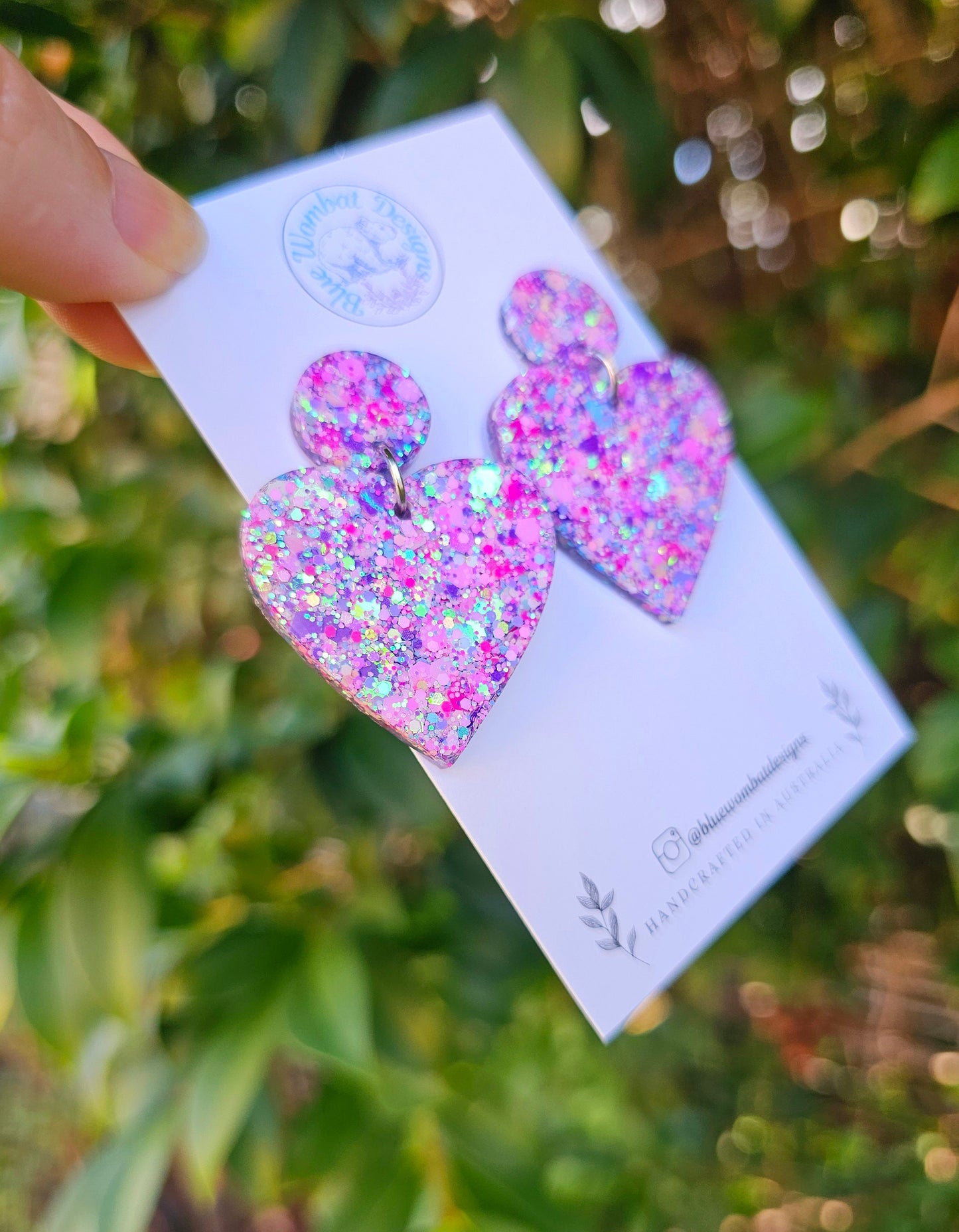 Colourful Love Heart Glitter Resin Dangle Statement Earrings