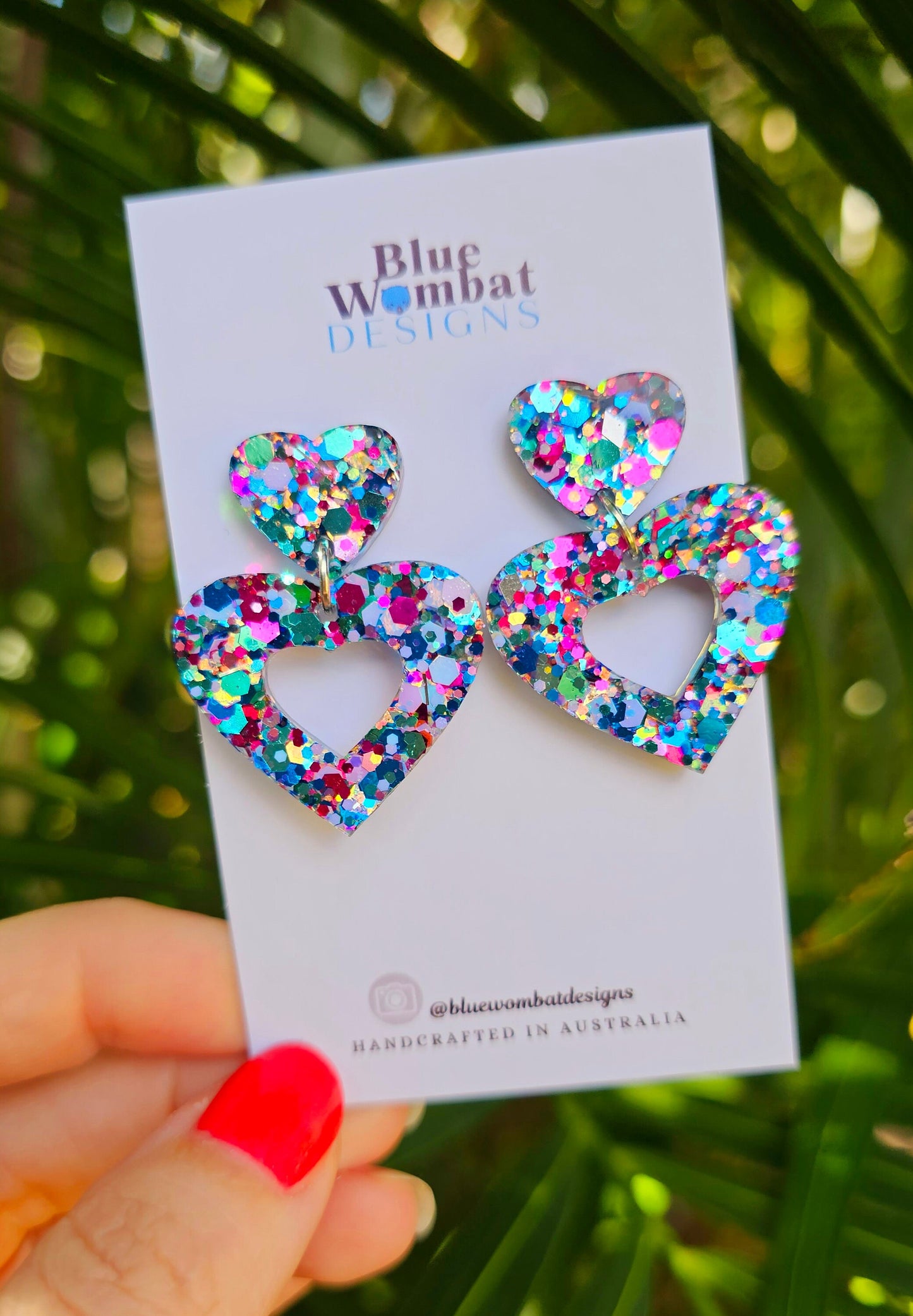 Colourful Love Heart Glitter Resin Dangle Earrings