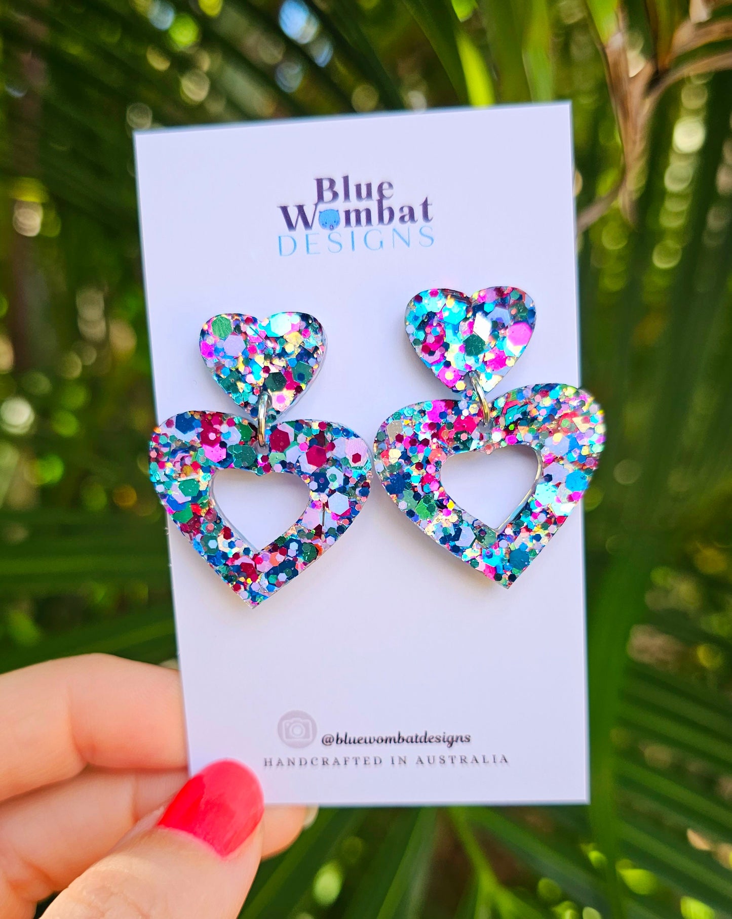 Colourful Love Heart Glitter Resin Dangle Earrings