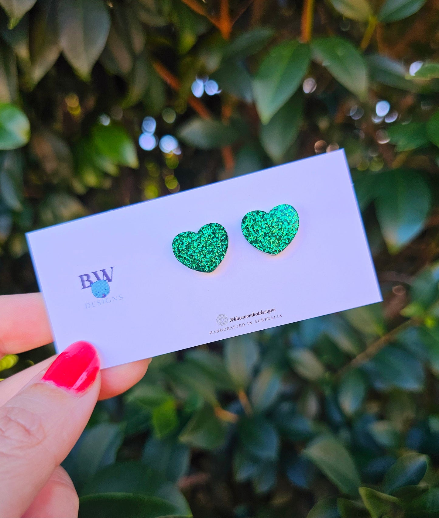 Green Glitter Love Heart Resin Small Stud Earrings