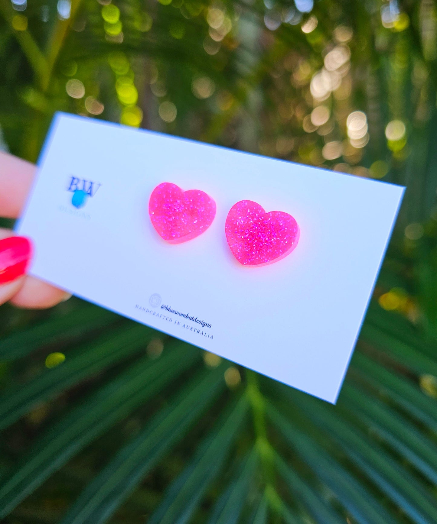 Hot Pink Glitter Love Heart Resin Small Stud Earrings