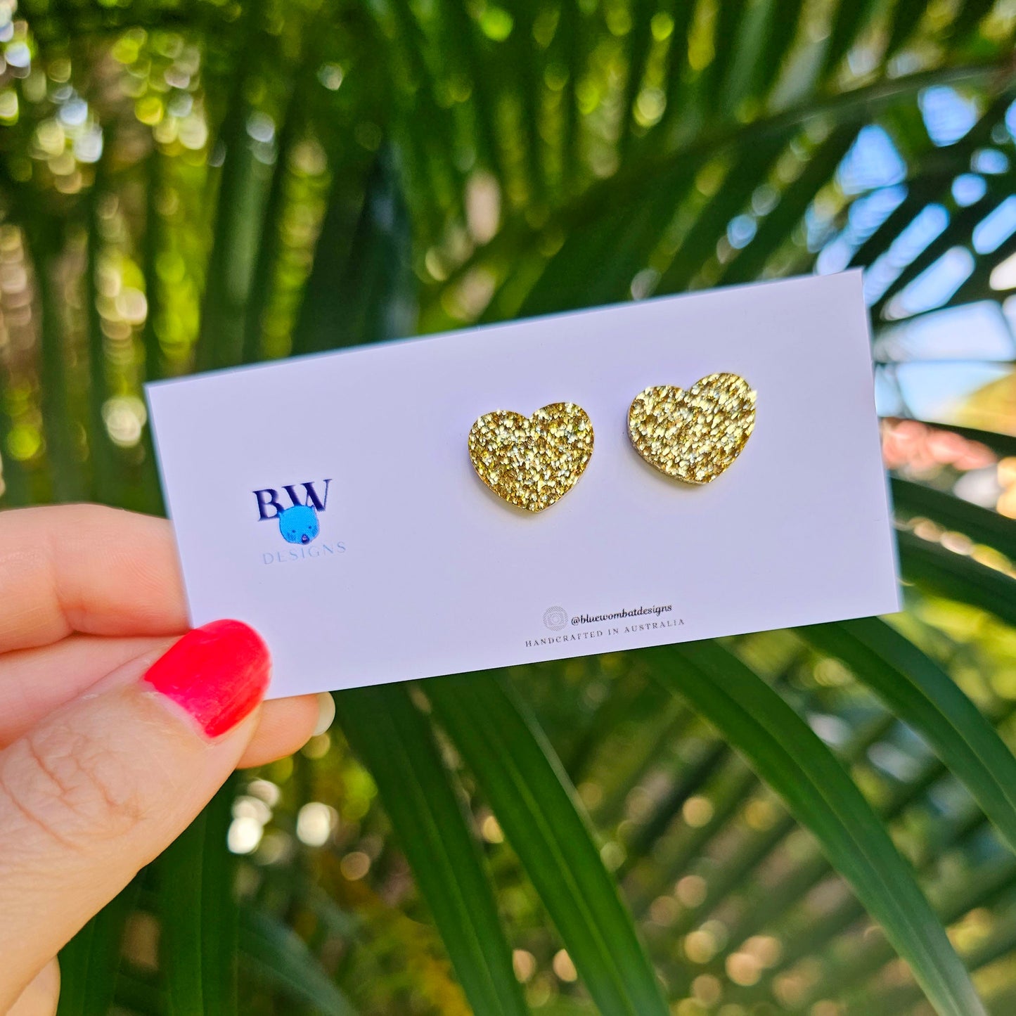 Gold Glitter Love Heart Resin Small Stud Earrings