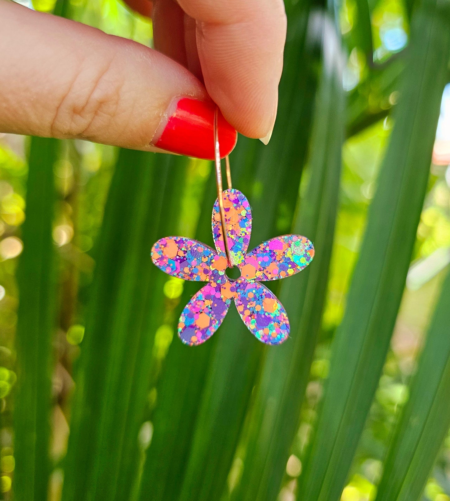 Colourful Flower Glitter Resin Hoop Dangle Statement Earrings