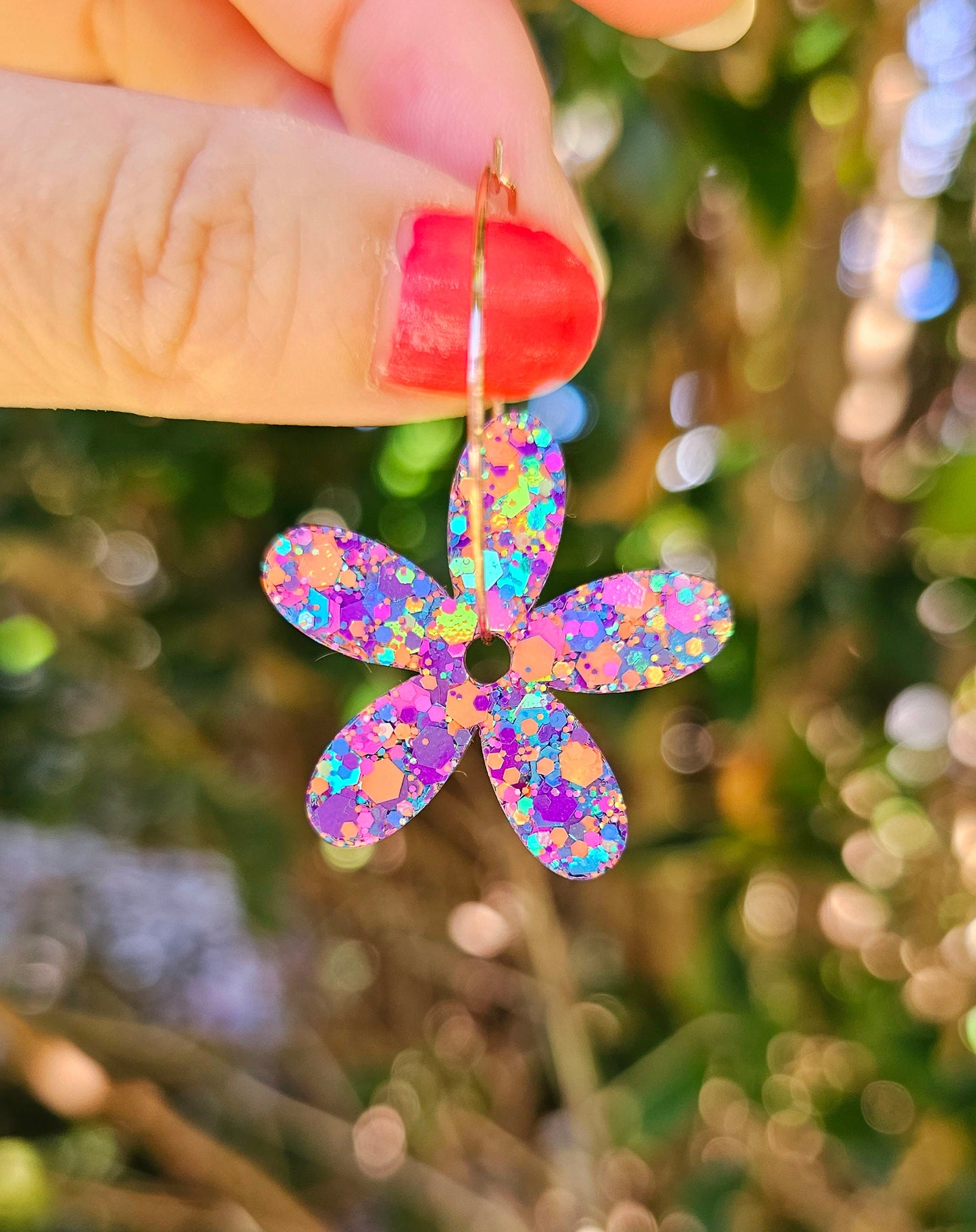 Colourful Flower Glitter Resin Hoop Dangle Statement Earrings