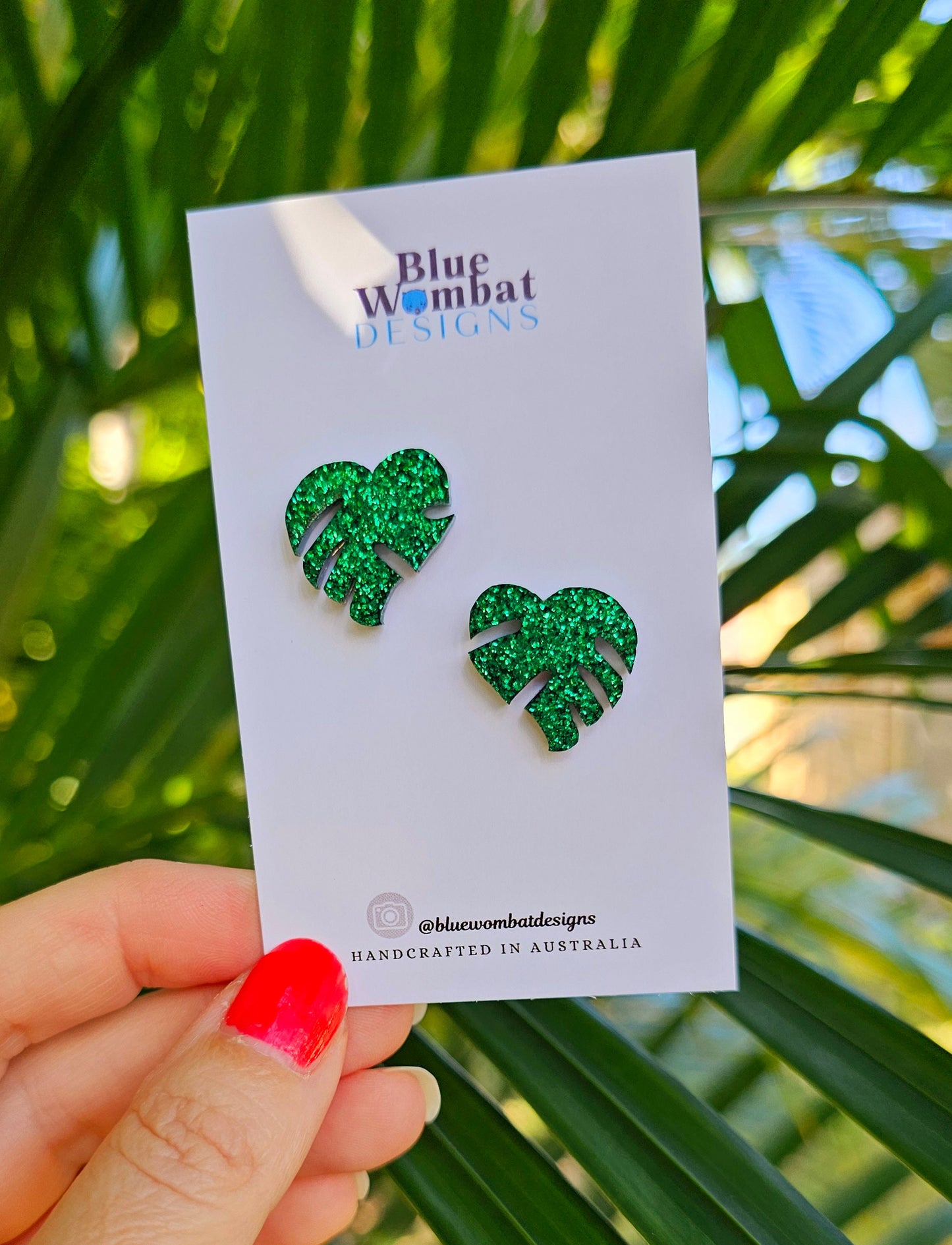 Monstera Leaf Green Glitter Resin Studs 18mm