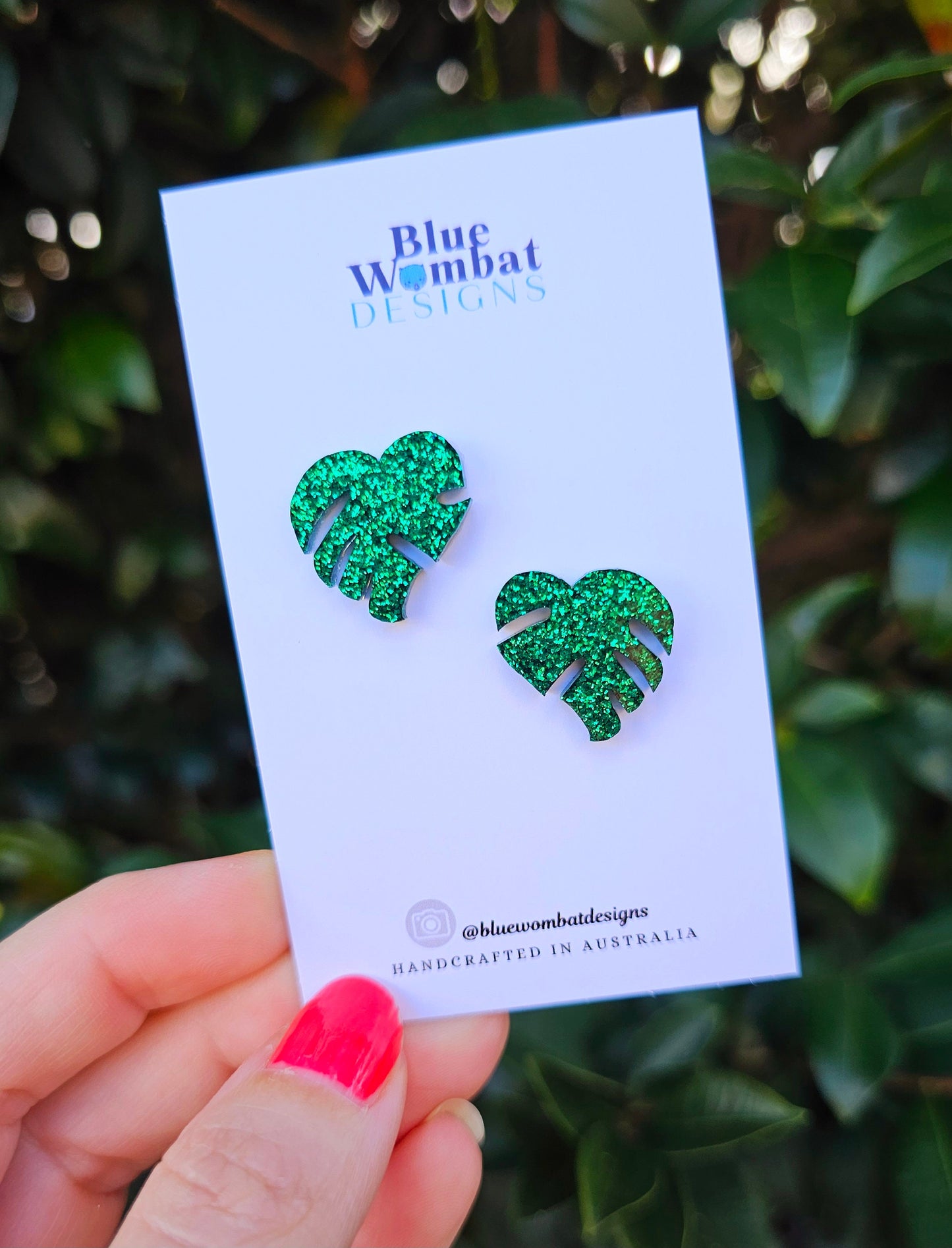 Monstera Leaf Green Glitter Resin Studs 18mm