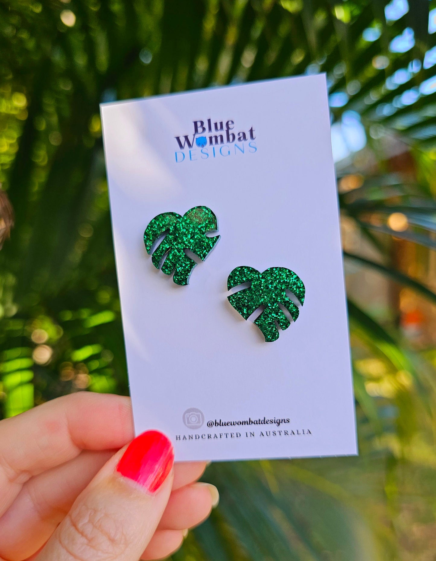 Monstera Leaf Green Glitter Resin Studs 18mm