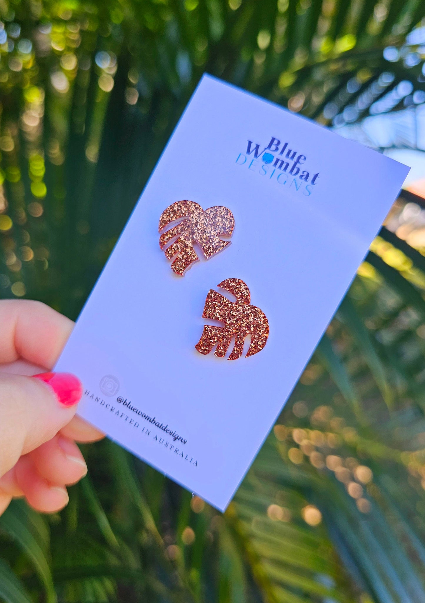 Monstera Leaf Copper Glitter Resin Studs 18mm