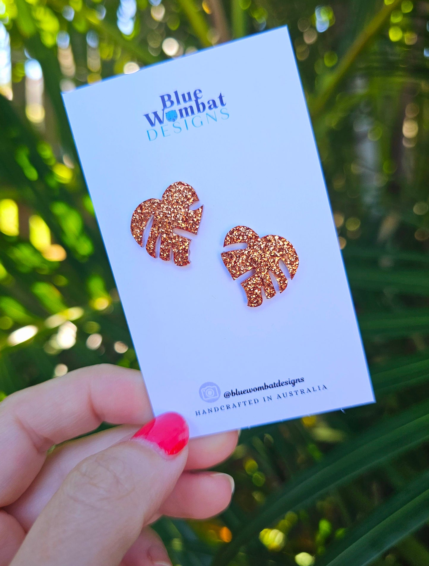 Monstera Leaf Copper Glitter Resin Studs 18mm