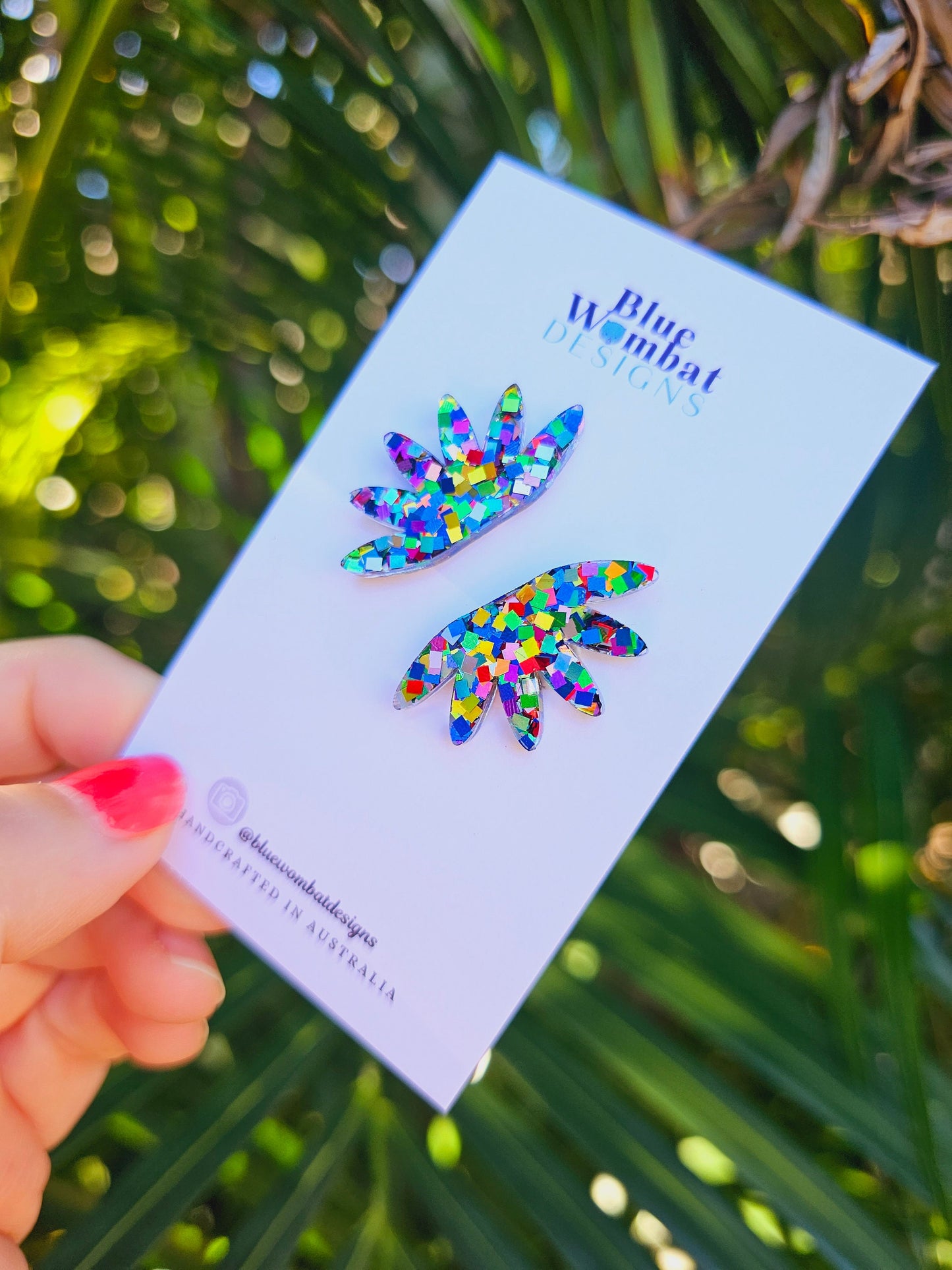 Colourful Rainbow Glitter Fan Wide Resin Stud Earrings