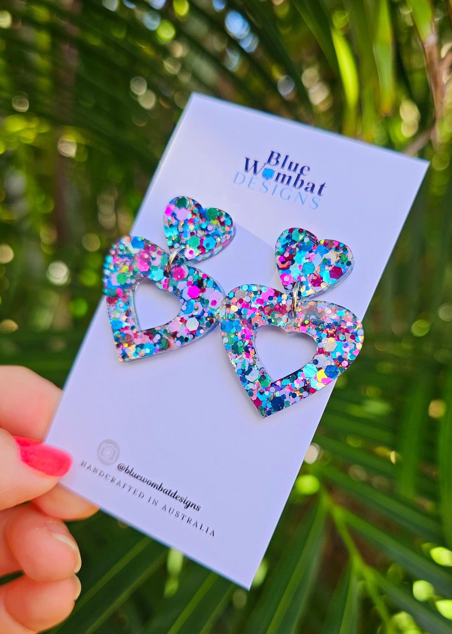Colourful Love Heart Glitter Resin Dangle Earrings