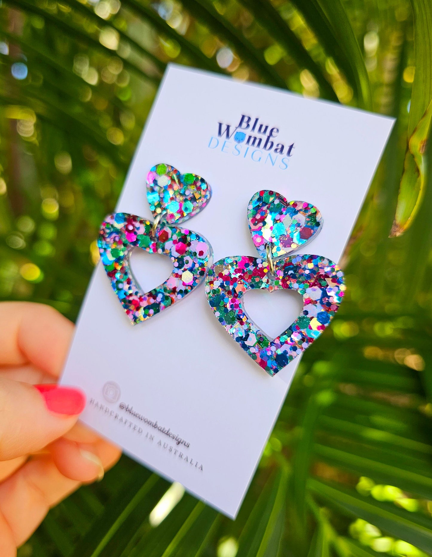 Colourful Love Heart Glitter Resin Dangle Earrings