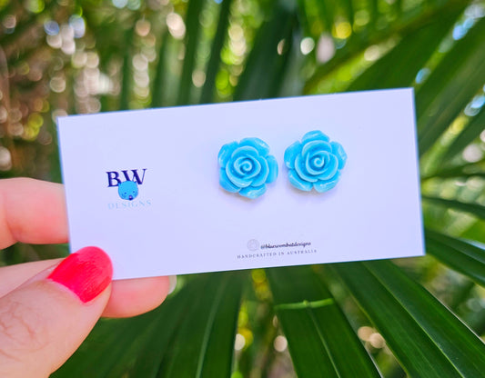 Blue Rose Flower Resin Studs 14mm