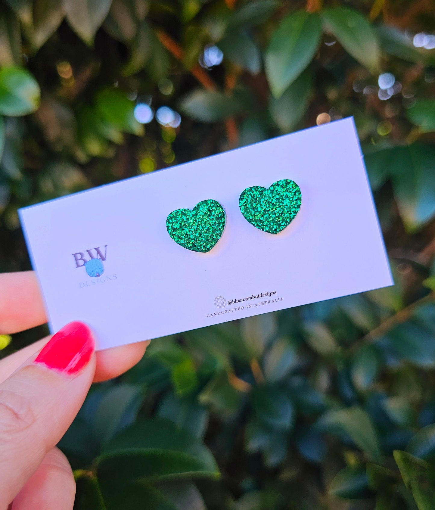 Green Glitter Love Heart Resin Small Stud Earrings