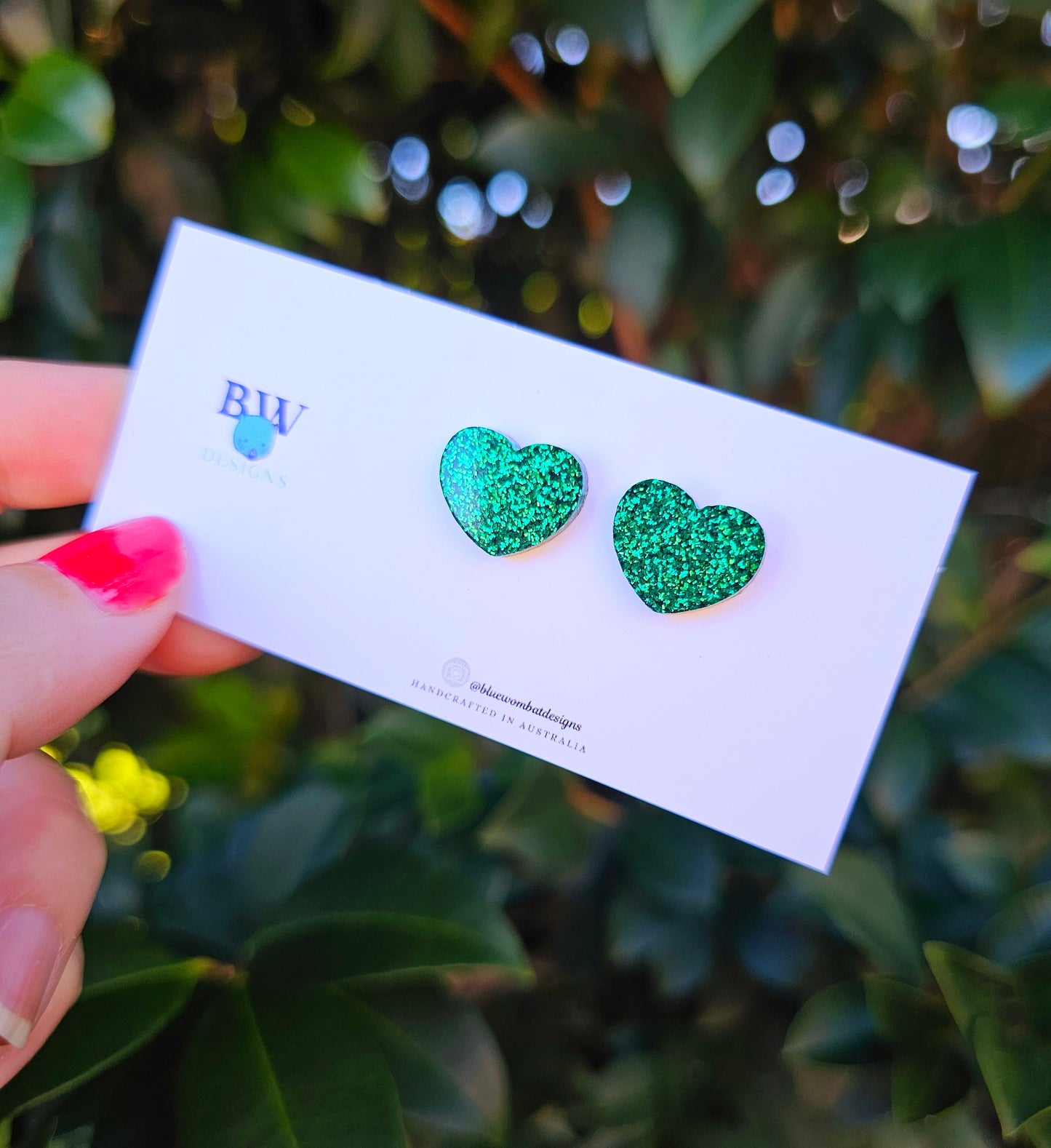 Green Glitter Love Heart Resin Small Stud Earrings