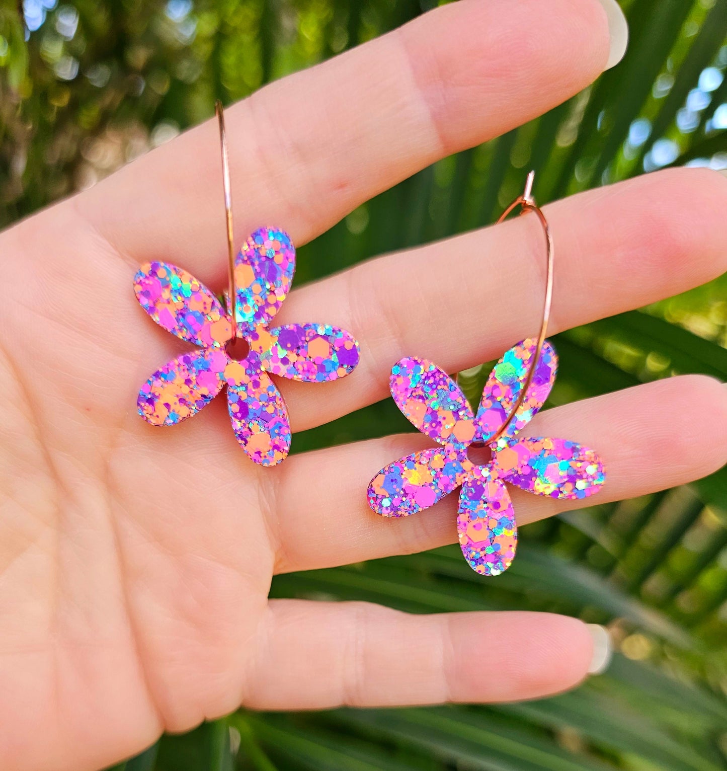 Colourful Flower Glitter Resin Hoop Dangle Statement Earrings