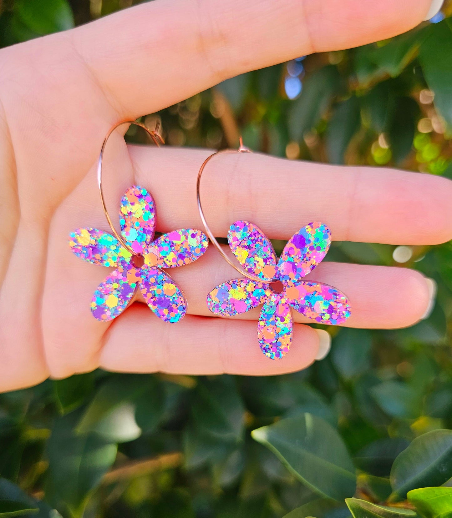 Colourful Flower Glitter Resin Hoop Dangle Statement Earrings