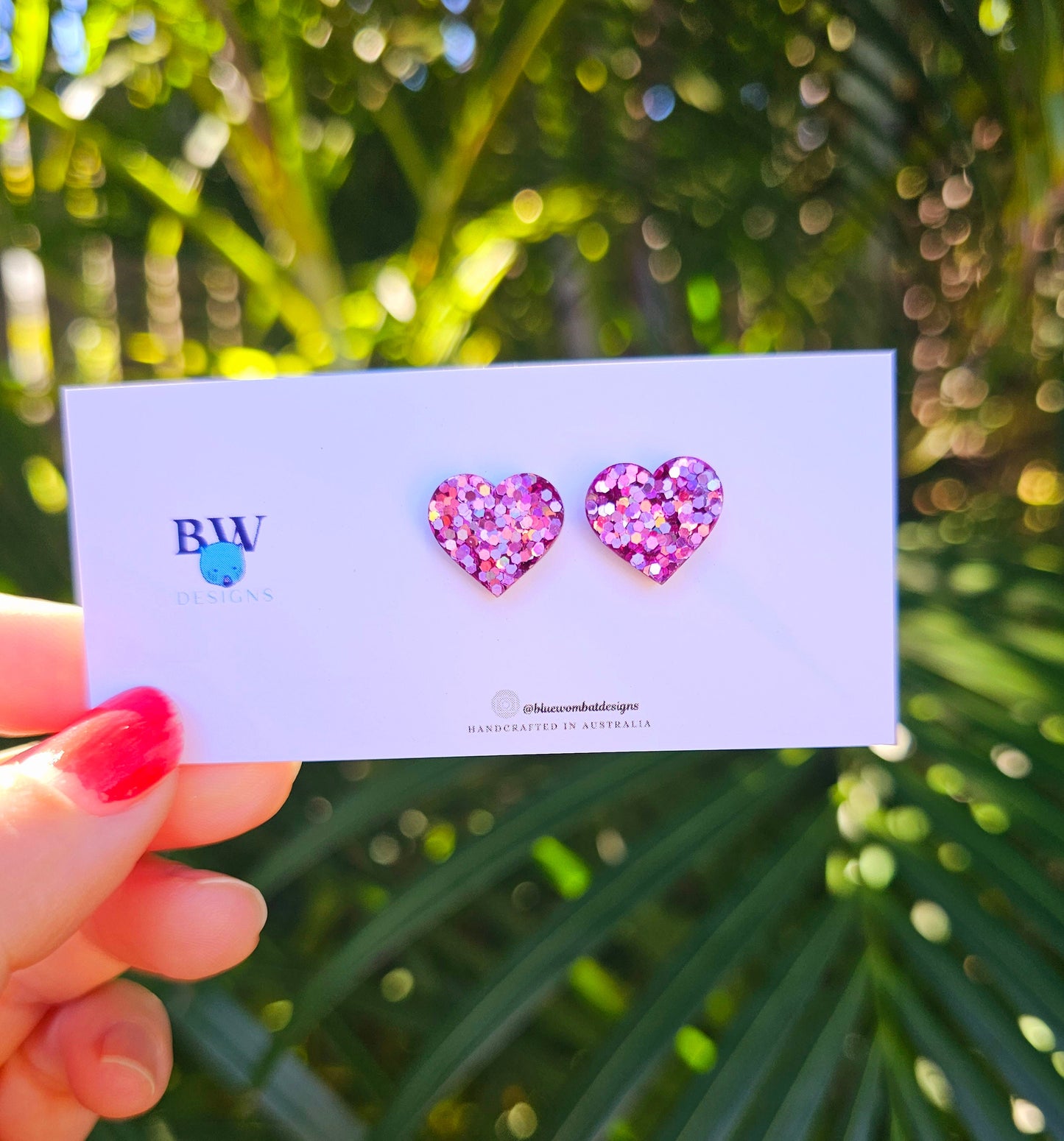 Pink Sparkle Glitter Love Heart Resin Small Stud Earrings