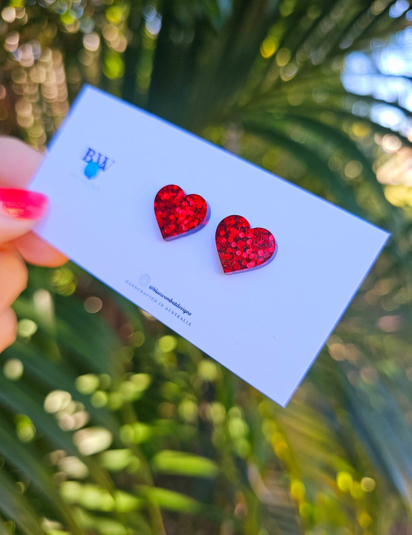 Red Sparkle Glitter Love Heart Resin Small Stud Earrings