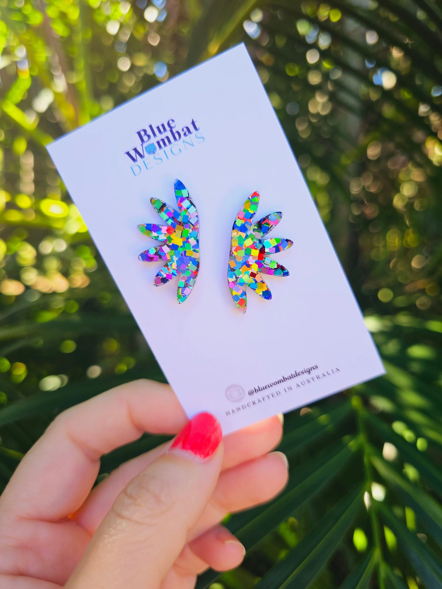 Colourful Rainbow Glitter Fan Wide Resin Stud Earrings