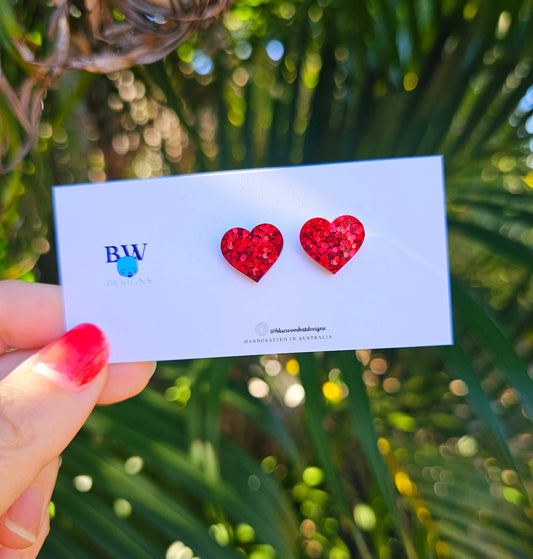 Love Heart Red Glitter Resin Small Stud Earrings