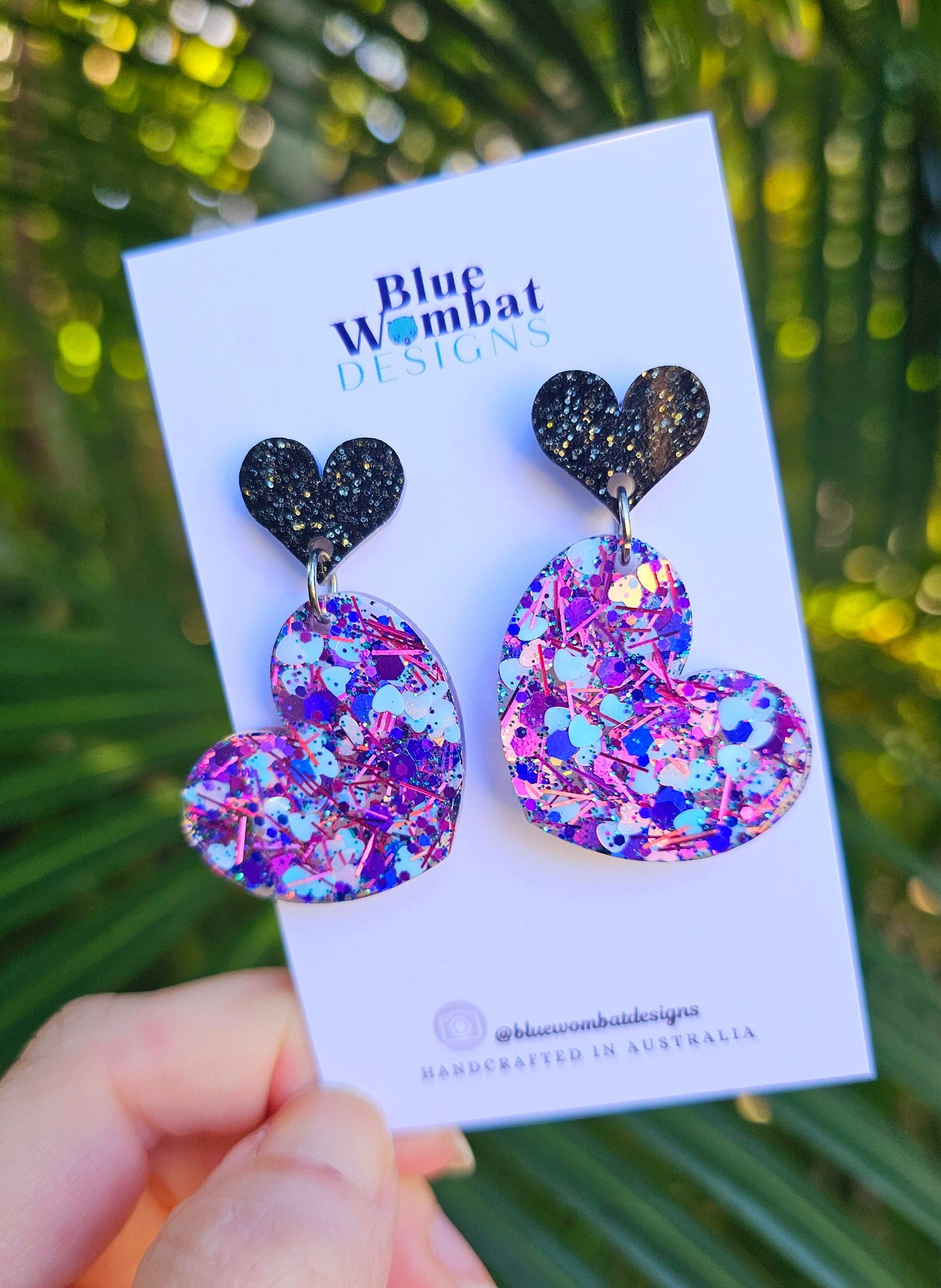 Resin Glitter Love Heart Handmade Dangle Statement Earrings