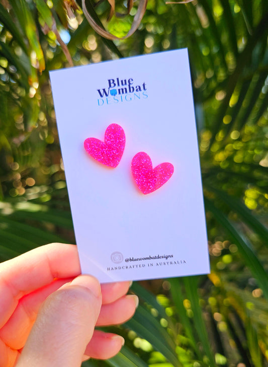 Pink Glitter Resin Love Heart Stud Earrings 16mm