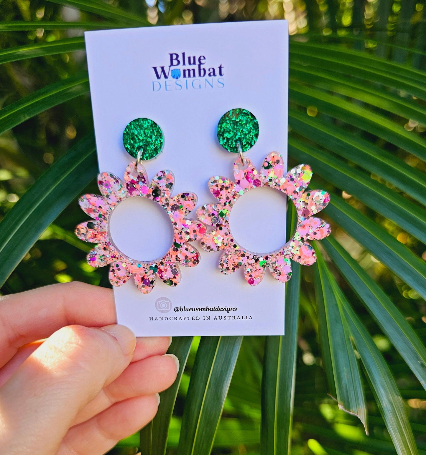 Flower Hoop Resin Glitter Dangle Handmade Statement Earrings