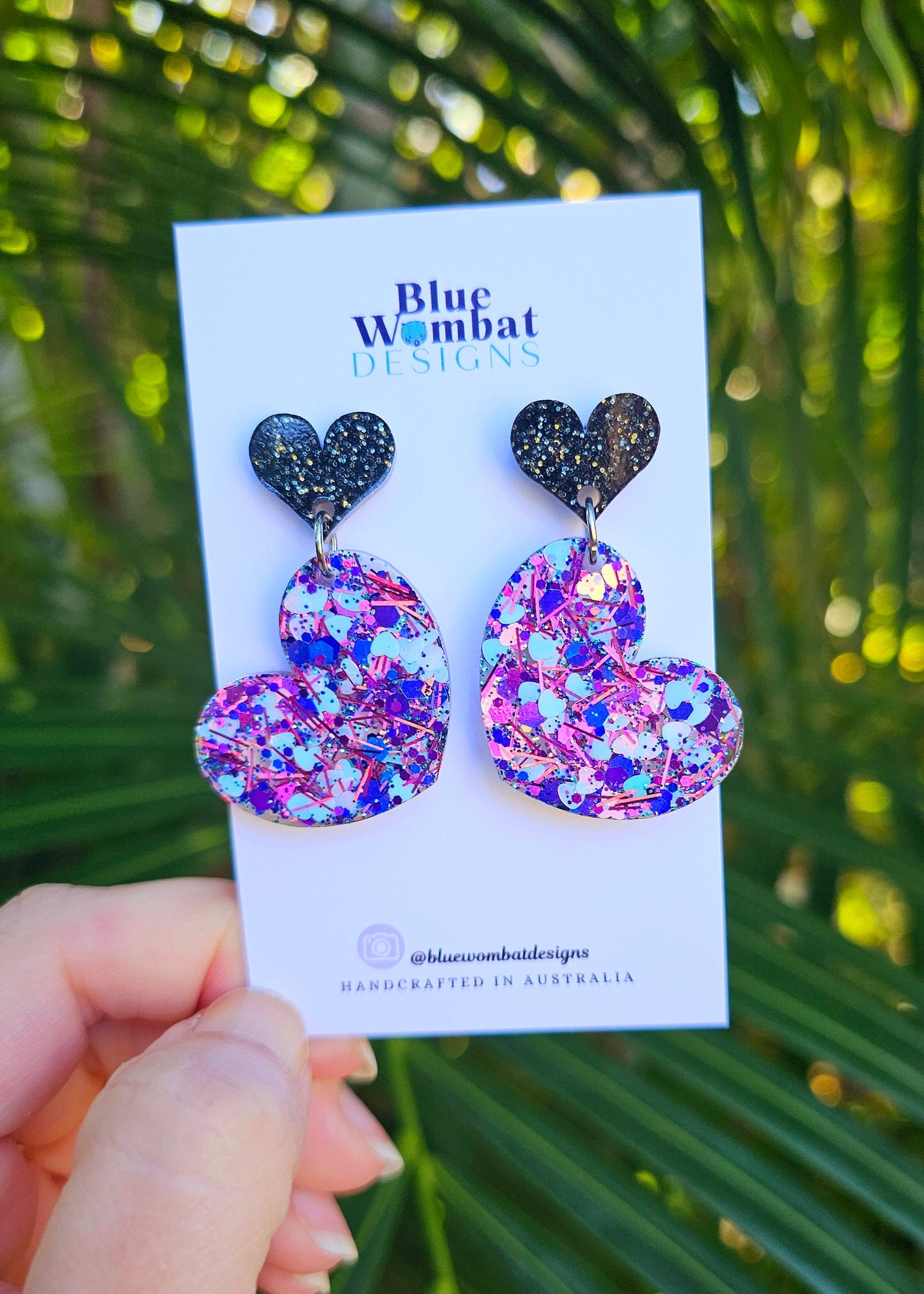 Resin Glitter Love Heart Handmade Dangle Statement Earrings