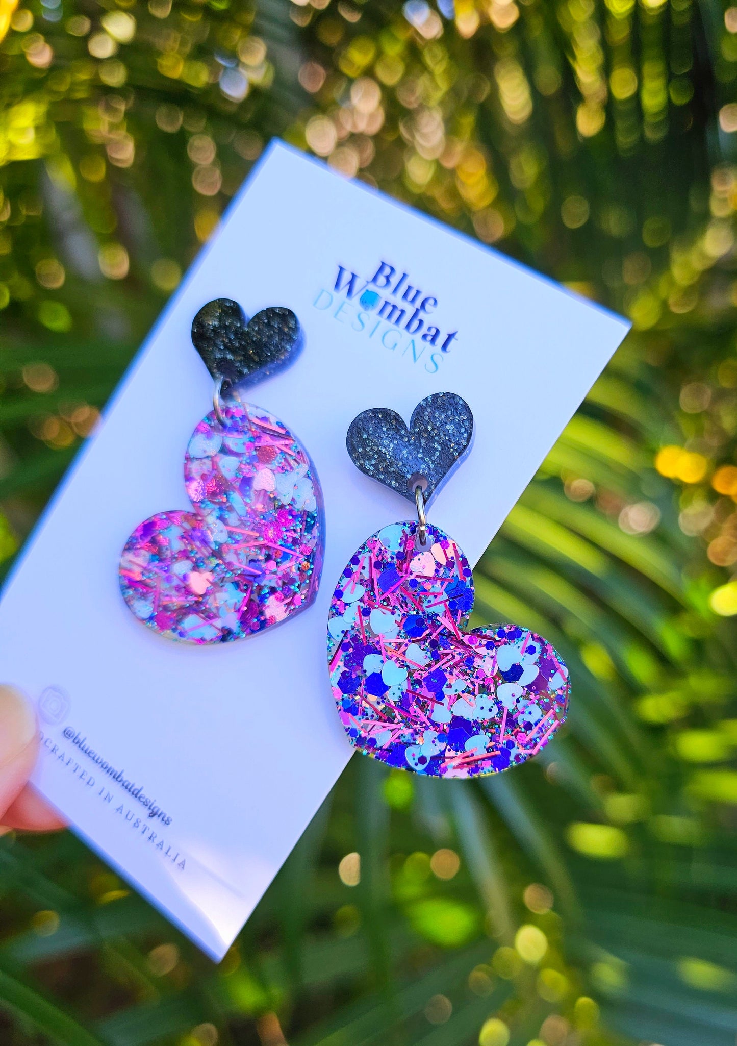 Resin Glitter Love Heart Handmade Dangle Statement Earrings