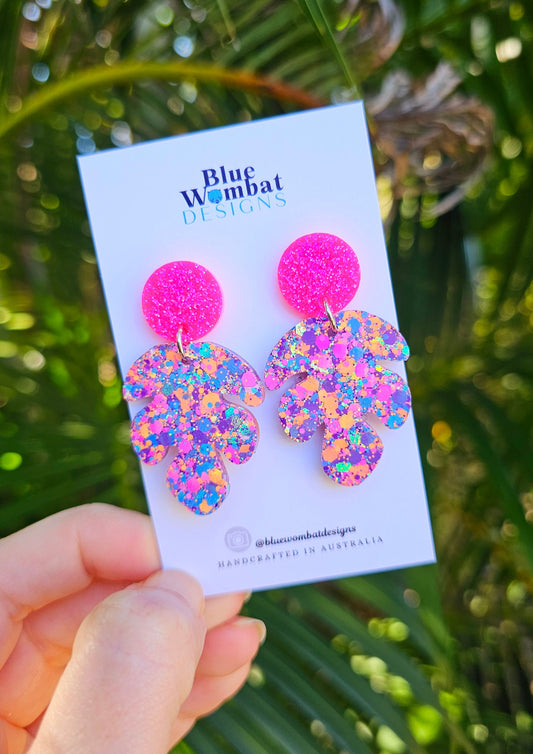 Colourful Leaf Sparkle Glitter Dangle Handmade Statement Earrings